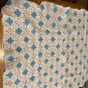 Handmade Crochet Baby Blanket - White, Blue, and Pink